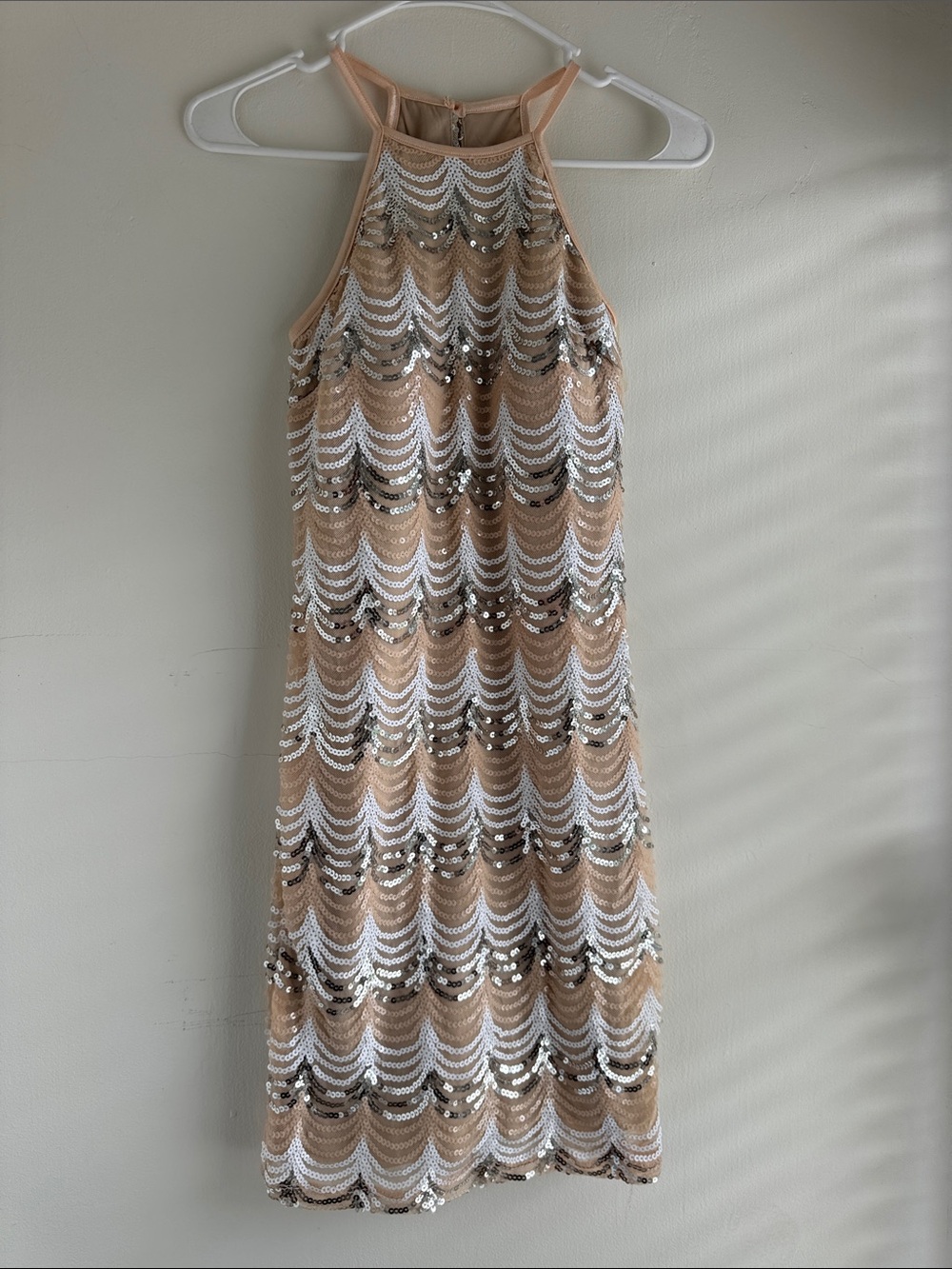 Crystal Doll Nude Halter Sequin Midi Dress